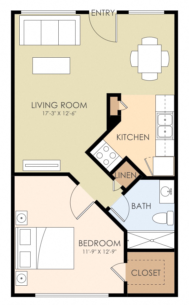 Floor plan for 1 bed, 1 bath, 515 sqft